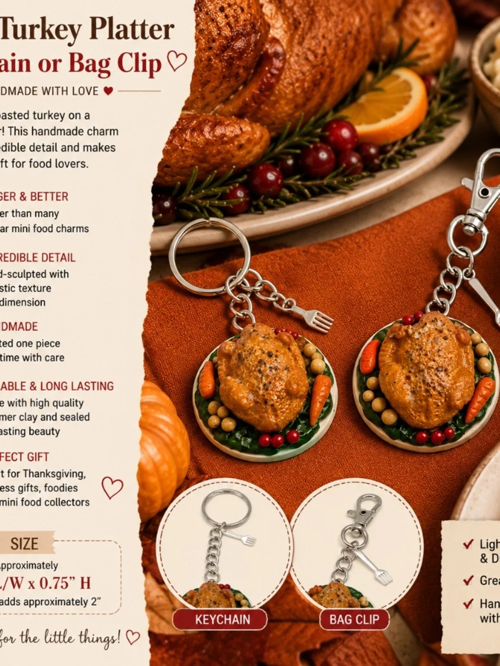 Thanksgiving Turkey Platter Keychain or Bag Clip | Handmade Mini Food Accessory